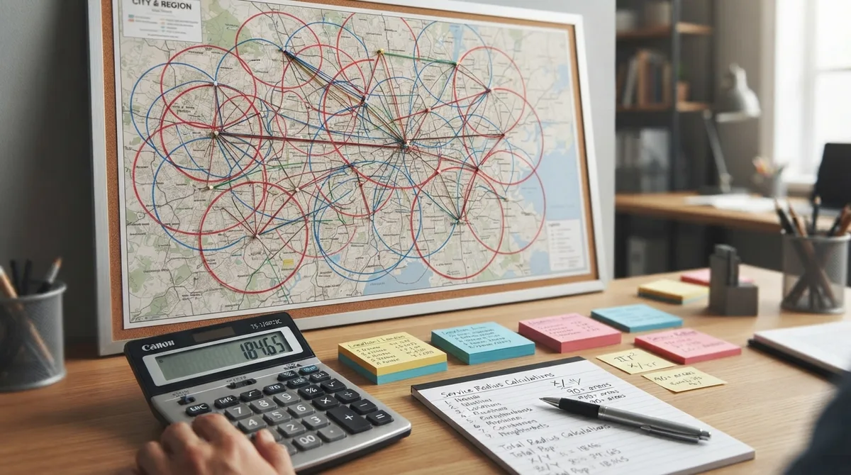 A wall map pinned with overlapping service-area circles above a desk holding a calculator, sticky notes, and a notepad of service radius calculations