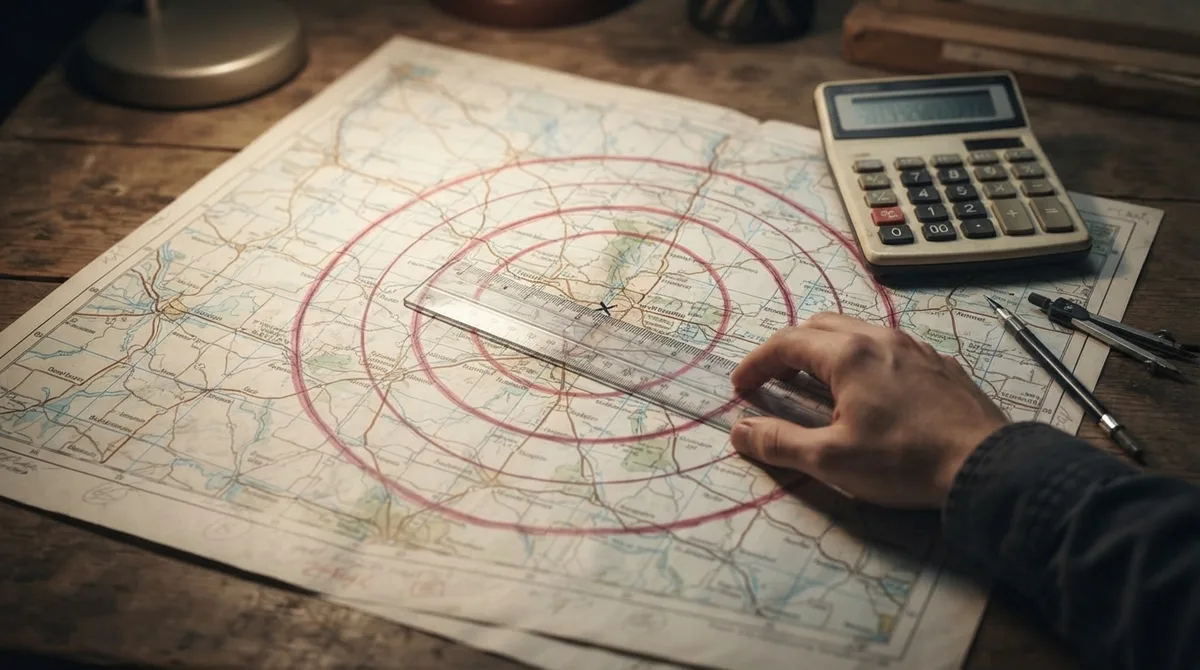 A hand with a ruler over a printed road map marked with concentric red service-radius circles, next to a calculator and a drawing compass