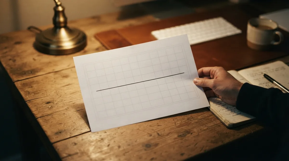 A hand holds a sheet of grid paper with a single flat line drawn across it, over a desk with a lamp and a notebook
