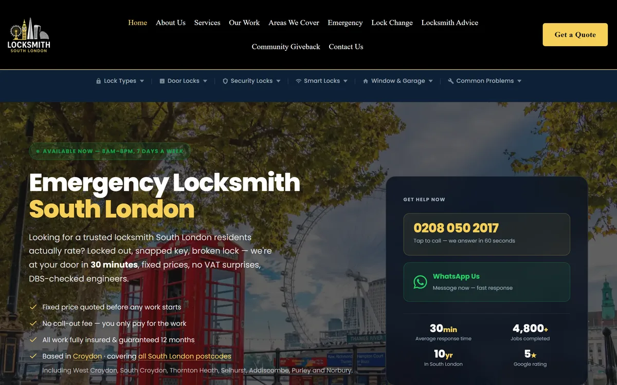 Locksmith South London homepage: a dark hero over a London street scene with a red phone box, the headline Emergency Locksmith South London, and a call and WhatsApp help card showing a 30 minute response time.