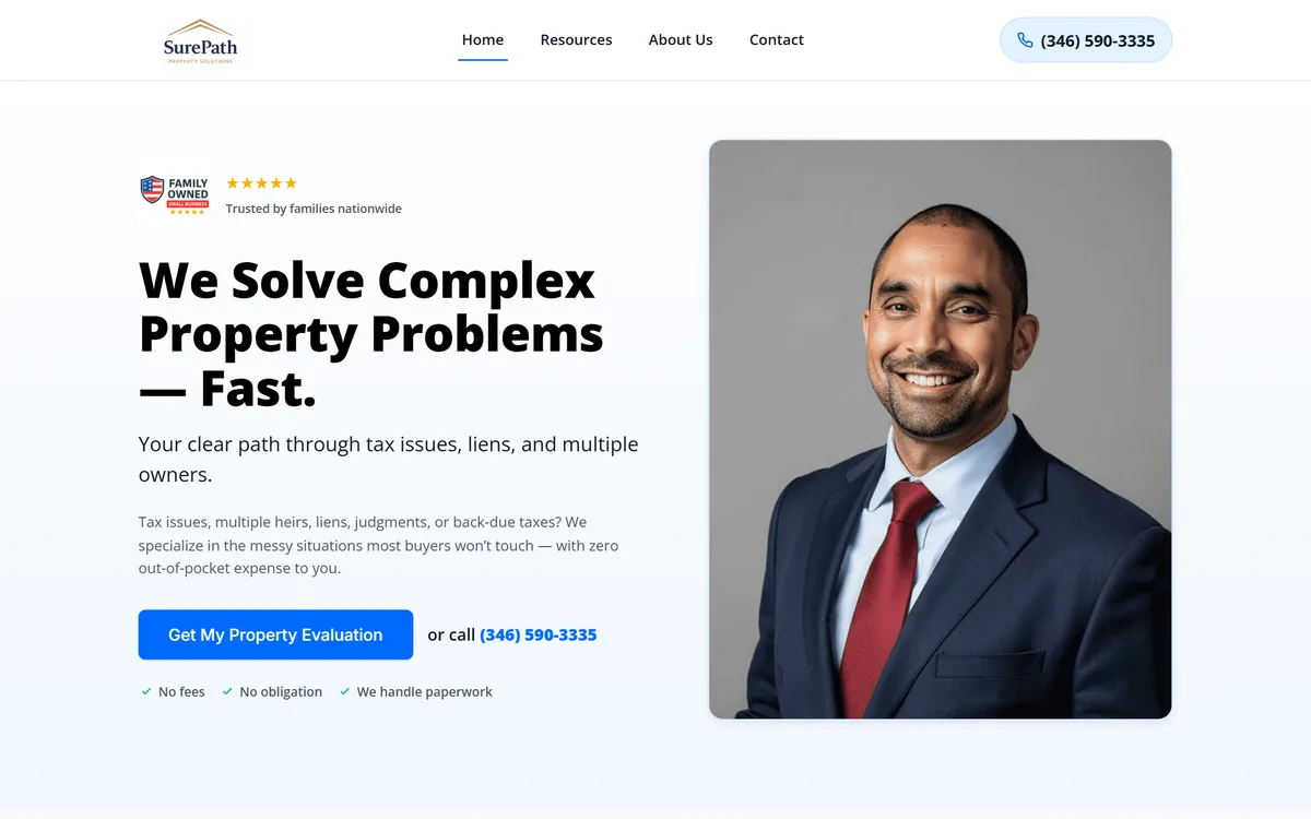 SurePath Property Solutions homepage: a clean navy and white property landing page with a trust badge and a property evaluation call to action.