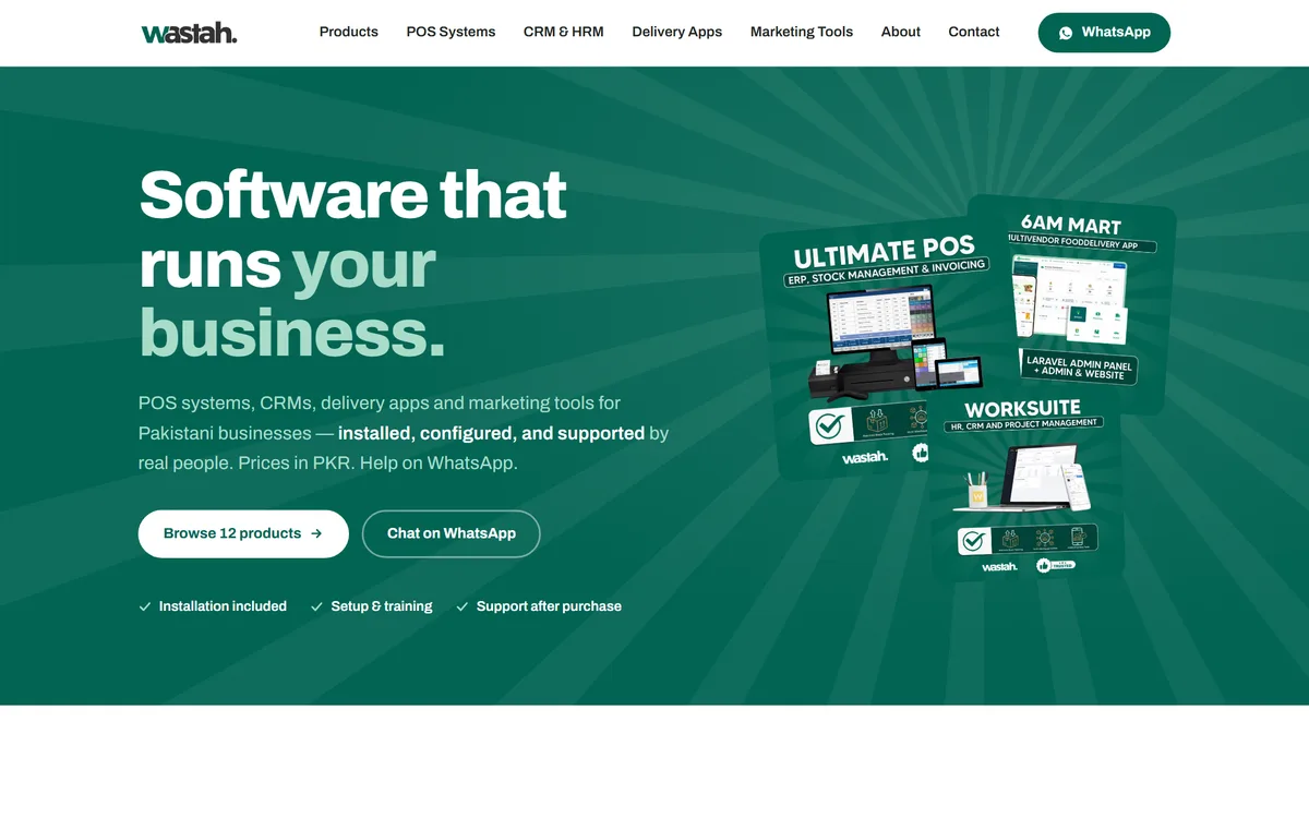 Wastah homepage: a green business-software brand page showing POS, CRM, and delivery-app product mockups.