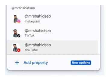 Search Console property selector showing @mrshahidseo three times, labelled Instagram, TikTok and YouTube, above an Add property button