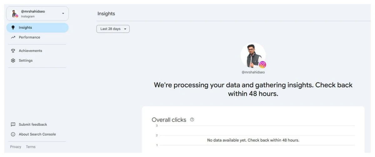 Search Console platform property for @mrshahidseo Instagram, left navigation showing Insights, Performance, Achievements and Settings, and the Insights page saying We're processing your data and gathering insights, check back within 48 hours