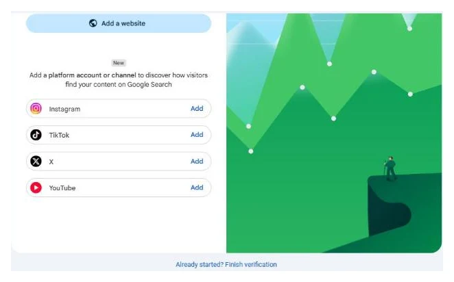 Search Console welcome card with the Add a website button above a New block listing Instagram, TikTok, X and YouTube, each with an Add link