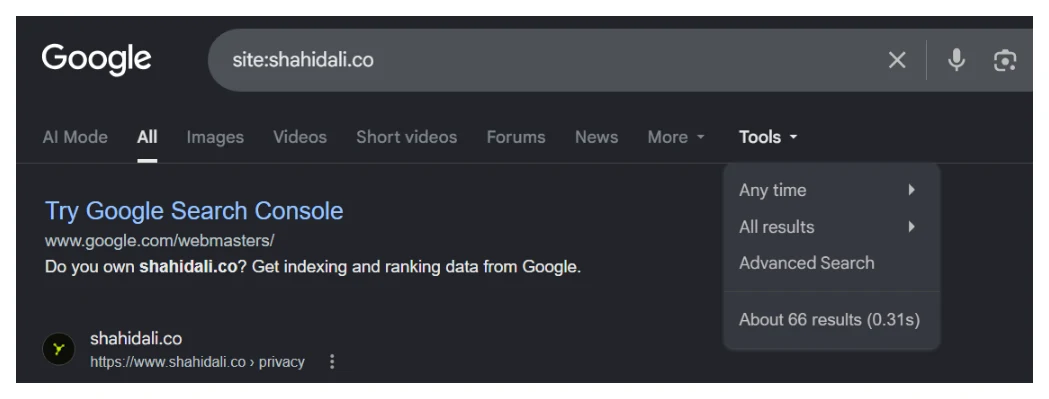 A Google search for site:shahidali.co with the Tools menu open, showing About 66 results (0.31s), and the first organic result being the site's privacy page