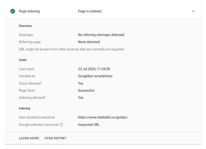 The Page indexing section of a Search Console URL inspection reading Page is indexed, expanded to show the Discovery, Crawl and Indexing subsections including last crawl date, crawl allowed, page fetch successful and the canonical Google chose