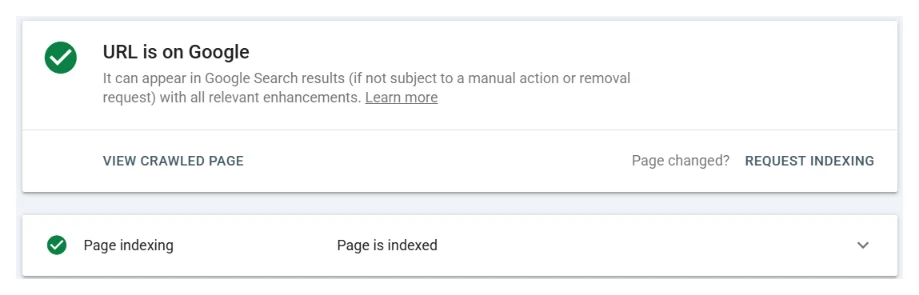 The URL Inspection result card for this guide, reading URL is on Google, with View crawled page on the left, Page changed? Request indexing on the right, and a Page indexing row below reading Page is indexed