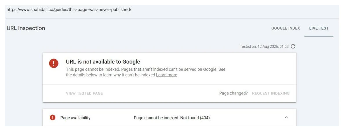 A Search Console live test result on the LIVE TEST tab reading URL is not available to Google, with the Page availability line stating Page cannot be indexed: Not found (404)
