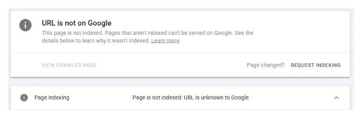 A Search Console URL inspection result reading URL is not on Google, with the Page indexing line stating Page is not indexed: URL is unknown to Google